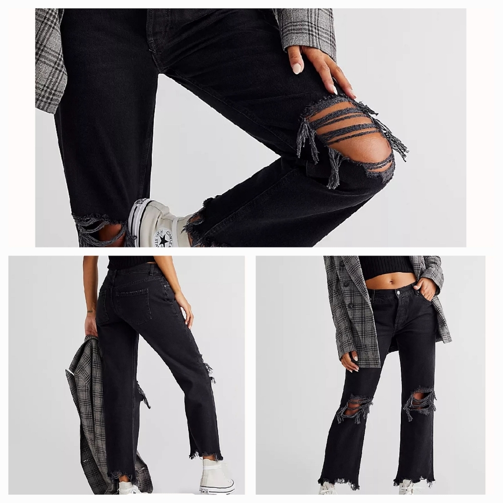 Free People Maggie Mid-Rise Straight Leg Jeans Washed Black